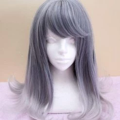 Cosplayc ANTIQUE MOON Silver Ombre Medium Length Ash Grey Wig With Bangs NEW