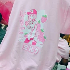 Printful NEW ICHIGO MILK TEA いちごミルク Strawberry Milk Tea Sweater Pink By Fawnbomb