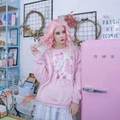 Printful NEW ICHIGO MILK TEA いちごミルク Strawberry Milk Tea Sweater Pink By Fawnbomb