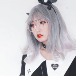 Cosplayc ANTIQUE MOON Silver Ombre Medium Length Ash Grey Wig With Bangs NEW
