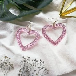 Peachiie Shop Pink Glitter Heart Earrings NEW