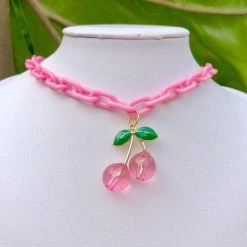 Peachiie Shop NEW Pink Cherry Acrylic Chain Necklace