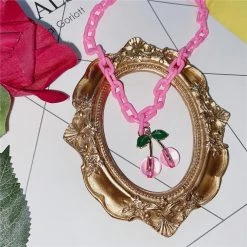 Peachiie Shop NEW Pink Cherry Acrylic Chain Necklace